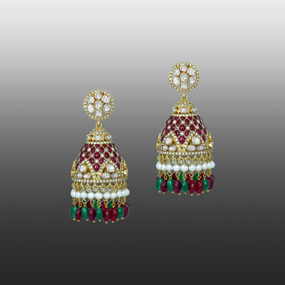 Polki Jhumka Earrings with Ruby Colourstone, Emerald, and Pearls